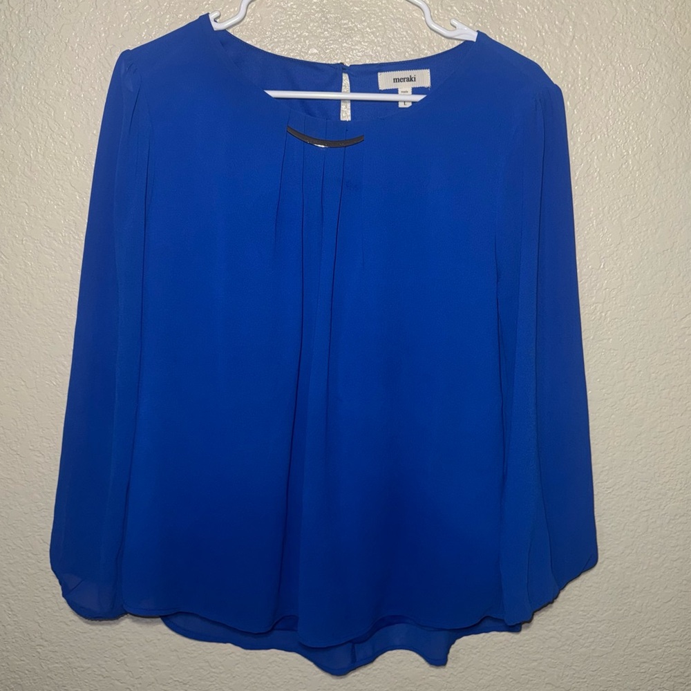 Meraki Pleated Blouse Women’s L Blue Long Sleeve Keyhole Work Office Top